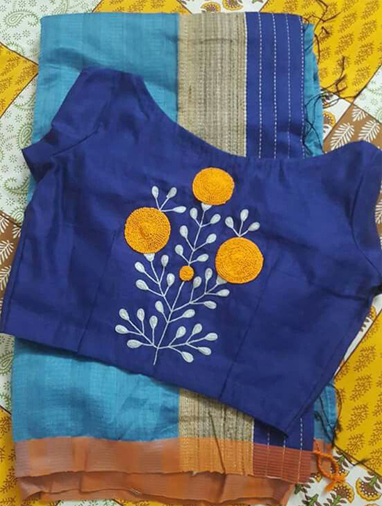 Simple Flower Model Embroidery At Center Of Blouse For Cotton Saree
