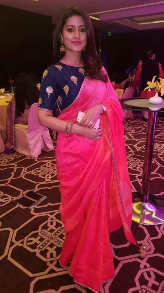 Sneha In Pink Georgette Saree With Simple Embroidery Boat Neck Blouse