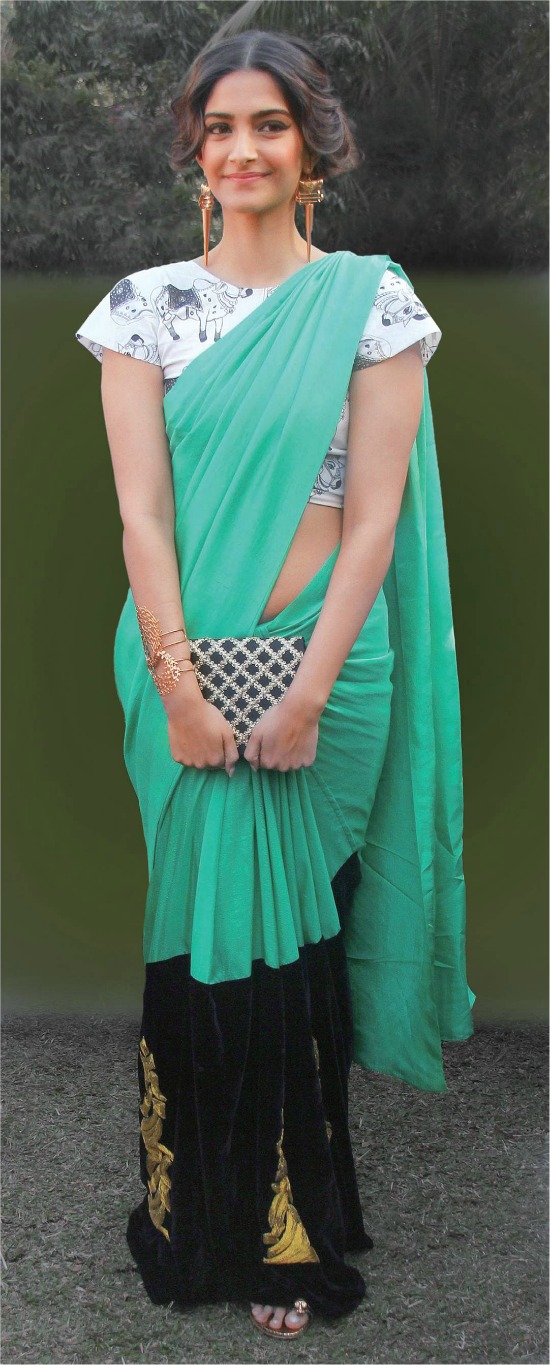 Sonam Kapoor Masaba Gupta Cow Print Blouse Teal Green Saree