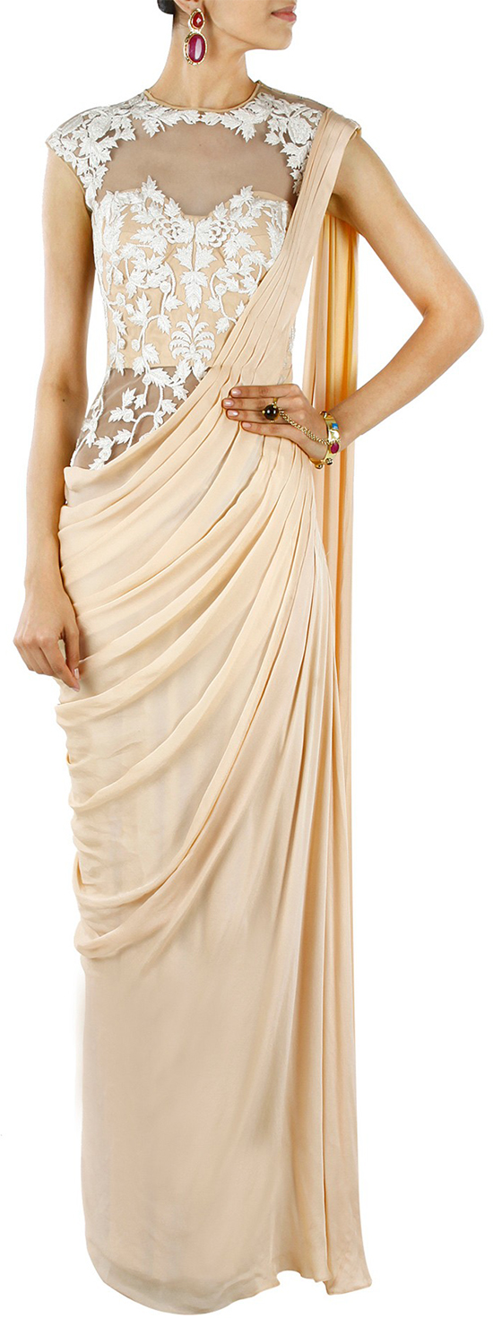 Stylish Cream Georgette And Satin Indowestern Saree Style Gown