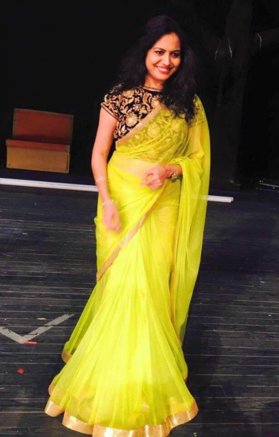 Sunitha In Yellow Saree With Black Closed Neck Designer Blouse
