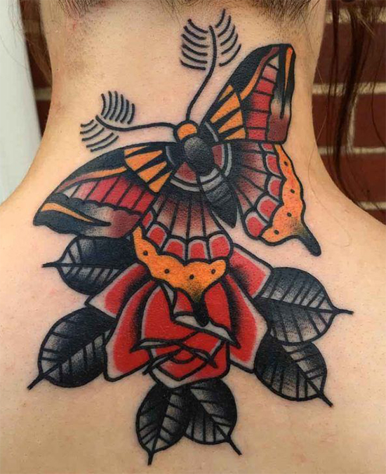 Traditional Lower Back Neck Butterfly Tattoo
