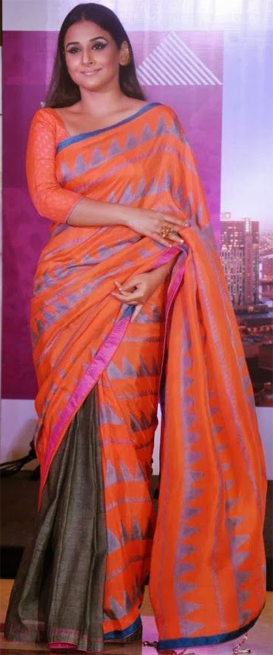Vidya Balan wearing Orange and Gray Half Tussar Silk Saree