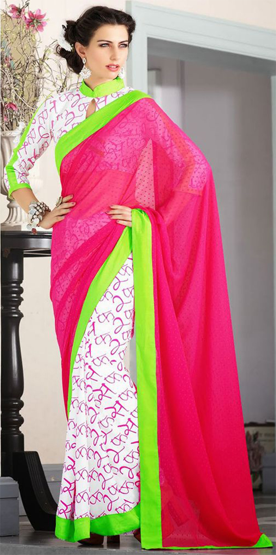 White And Pink Half And Half Saree With Collared Keyhole Neckline