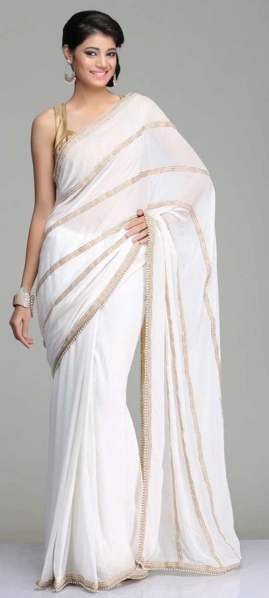 White Color Designer Saree With Pearl Work