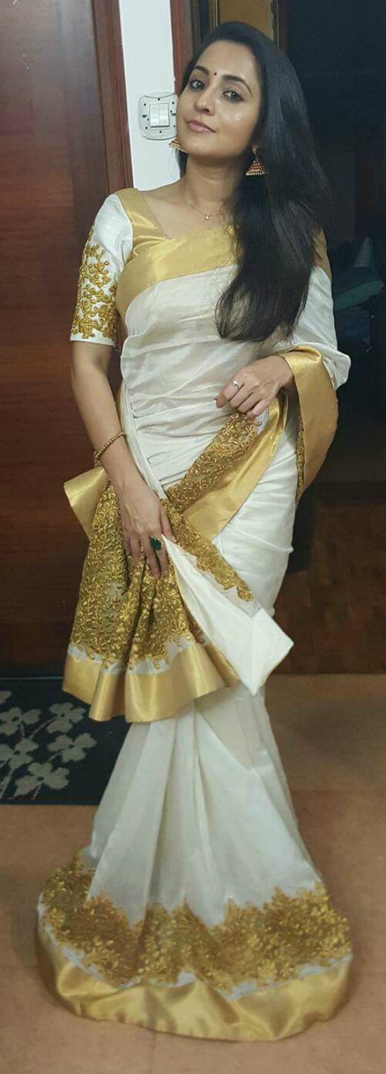White Georgette Saree With Gold Sequins Work