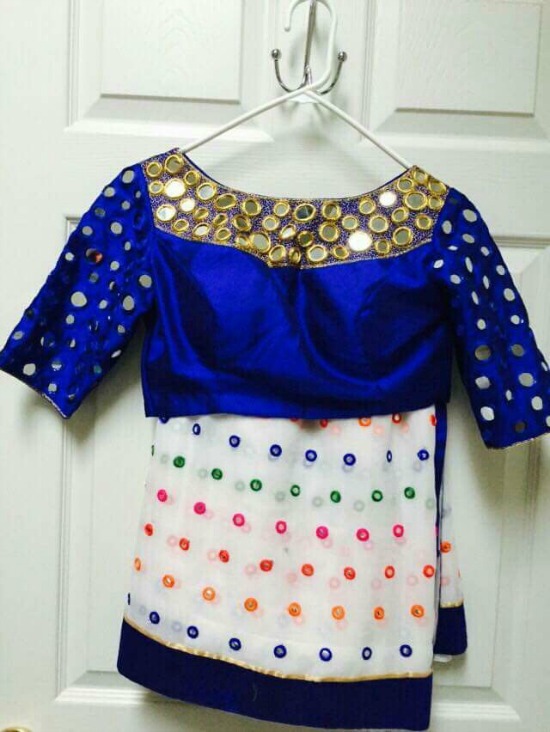 White Saree With Multicolor Mirror Work Along With Royal Blue Boat Neck Blouse