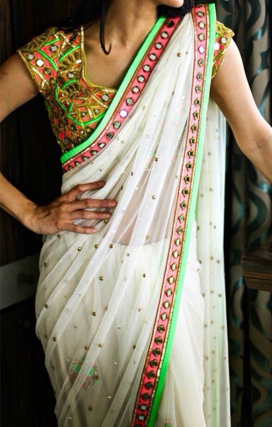 White Transparent Saree With Multicolor Blouse