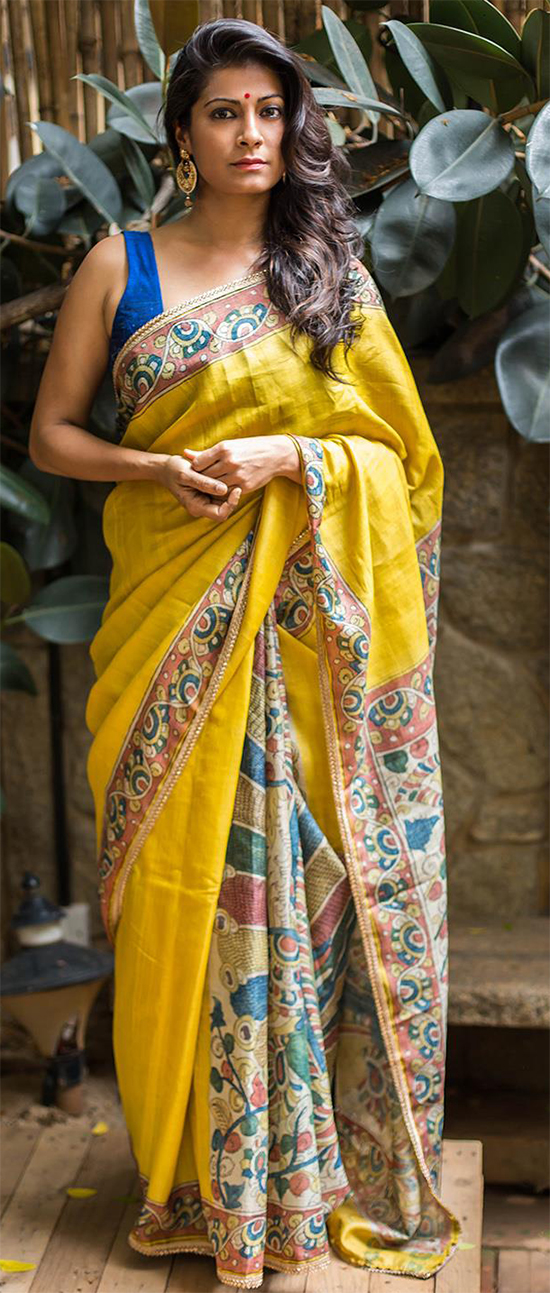 Yellow Pure Tussar Half And Half Saree With Hand Painted Kalamkari