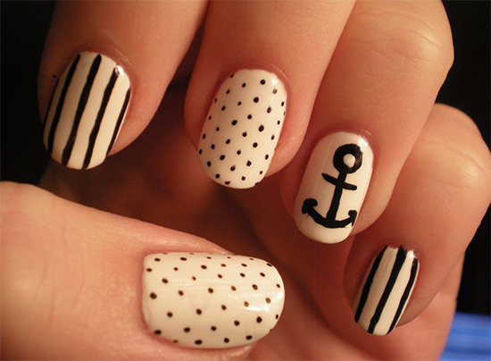 Black & White Nails With Stripes, Anchors And Polka Dots