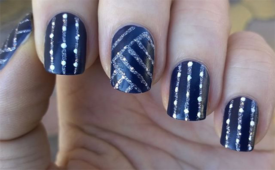 Dark Blue & Silver Glitter Striped Nail Art