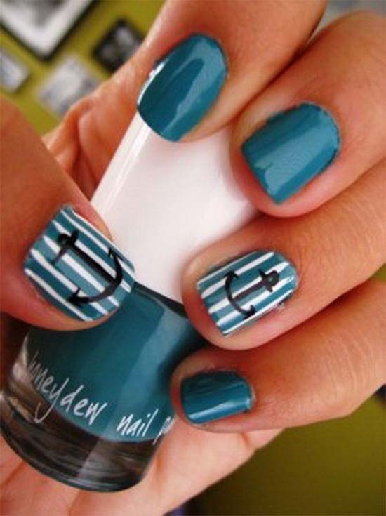 Deep Blue Nails With Anchors & Strips