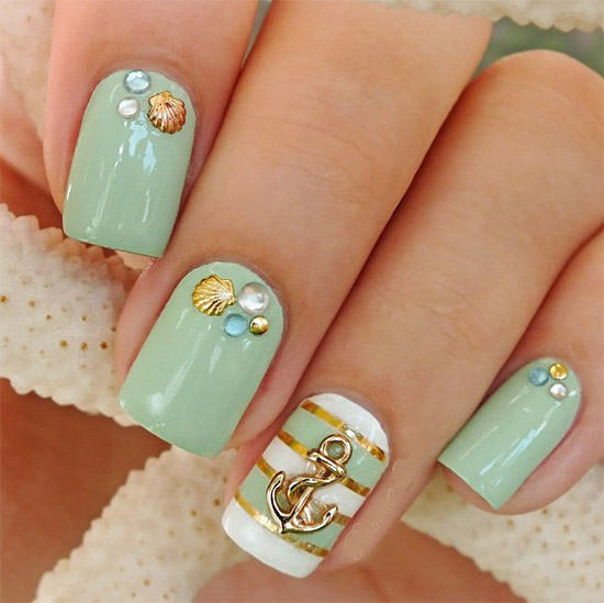 Light Green Nautical Nail Art With Shells And Anchor