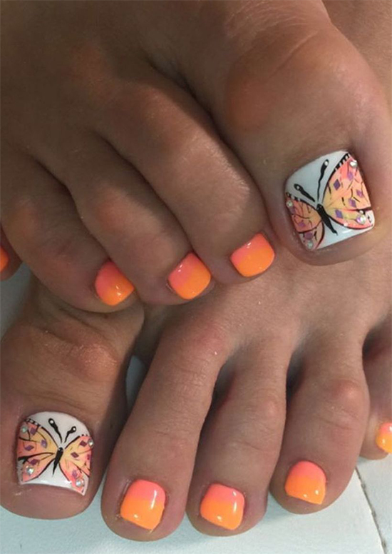 Pink And Orange Bling Butterfly Nail Art