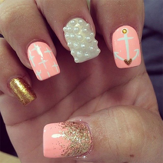 Pink, Gold Glitter With White Anchor, Cross & Pearls Nail Art Design