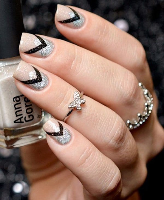 Silver And Black Glitter Nails Art