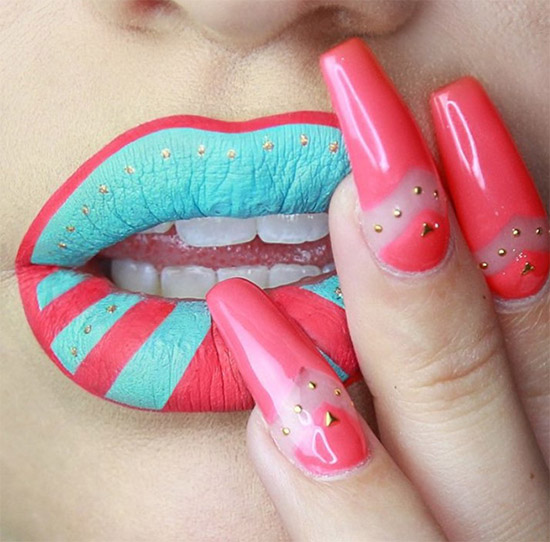Tiffany Blue & Coral Lips + Coral Negative Space Nails With Gold Studs