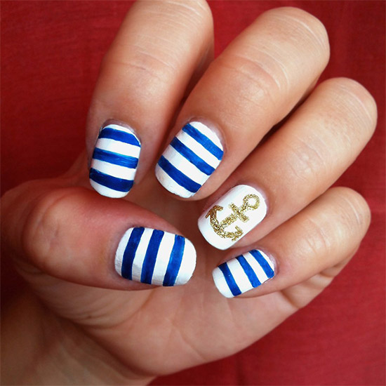 White Blue Nail Designs With Anchor