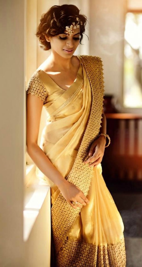 20 Stunning Golden Designer Sarees With Matching Blouse Neck Designs